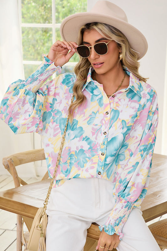 Yellow Floral Allover Print Shirred Cuff Oversized Shirt Shewin