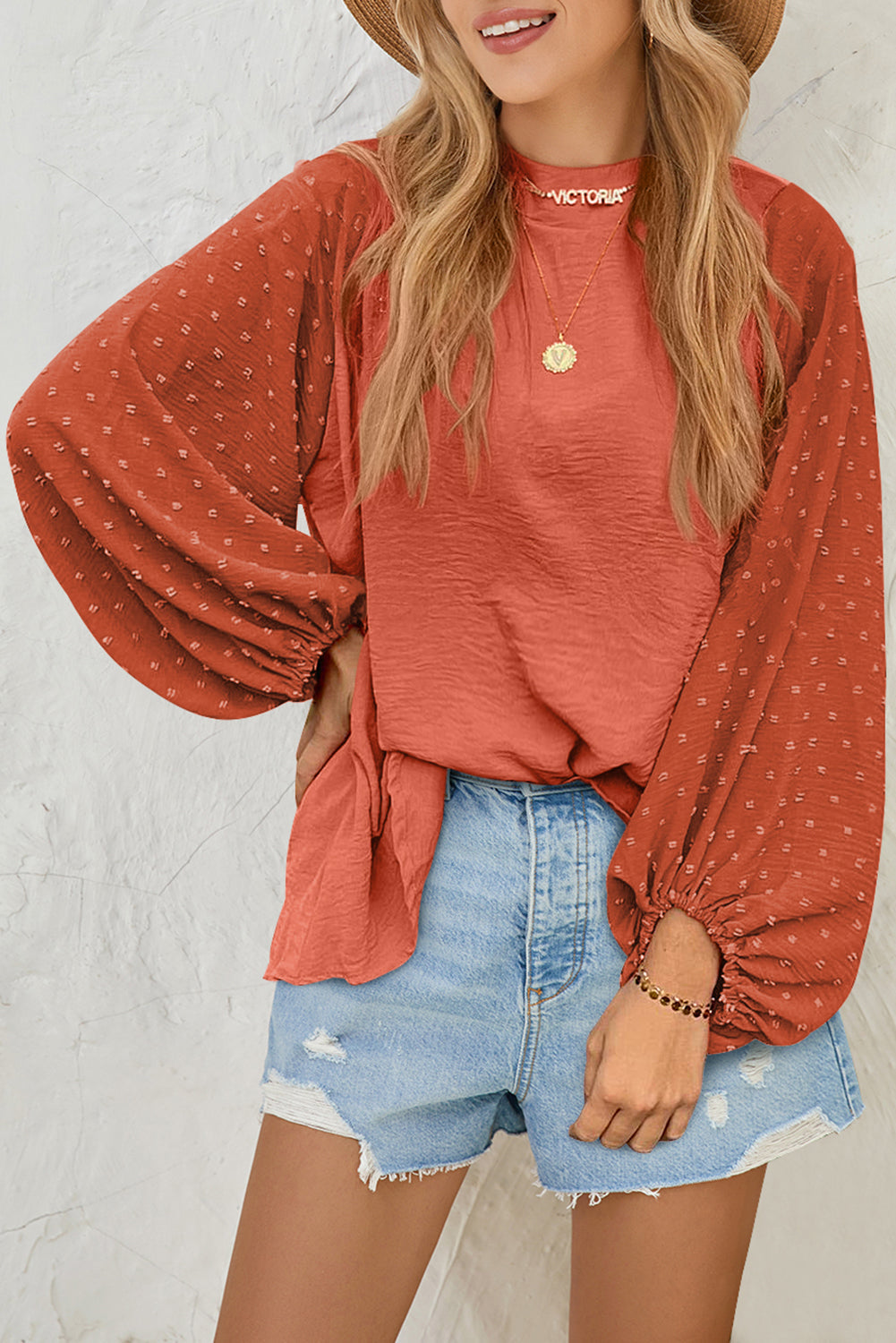 Russet Orange Swiss Dot Balloon Sleeve Patchwork Crinkle Blouse Shewin