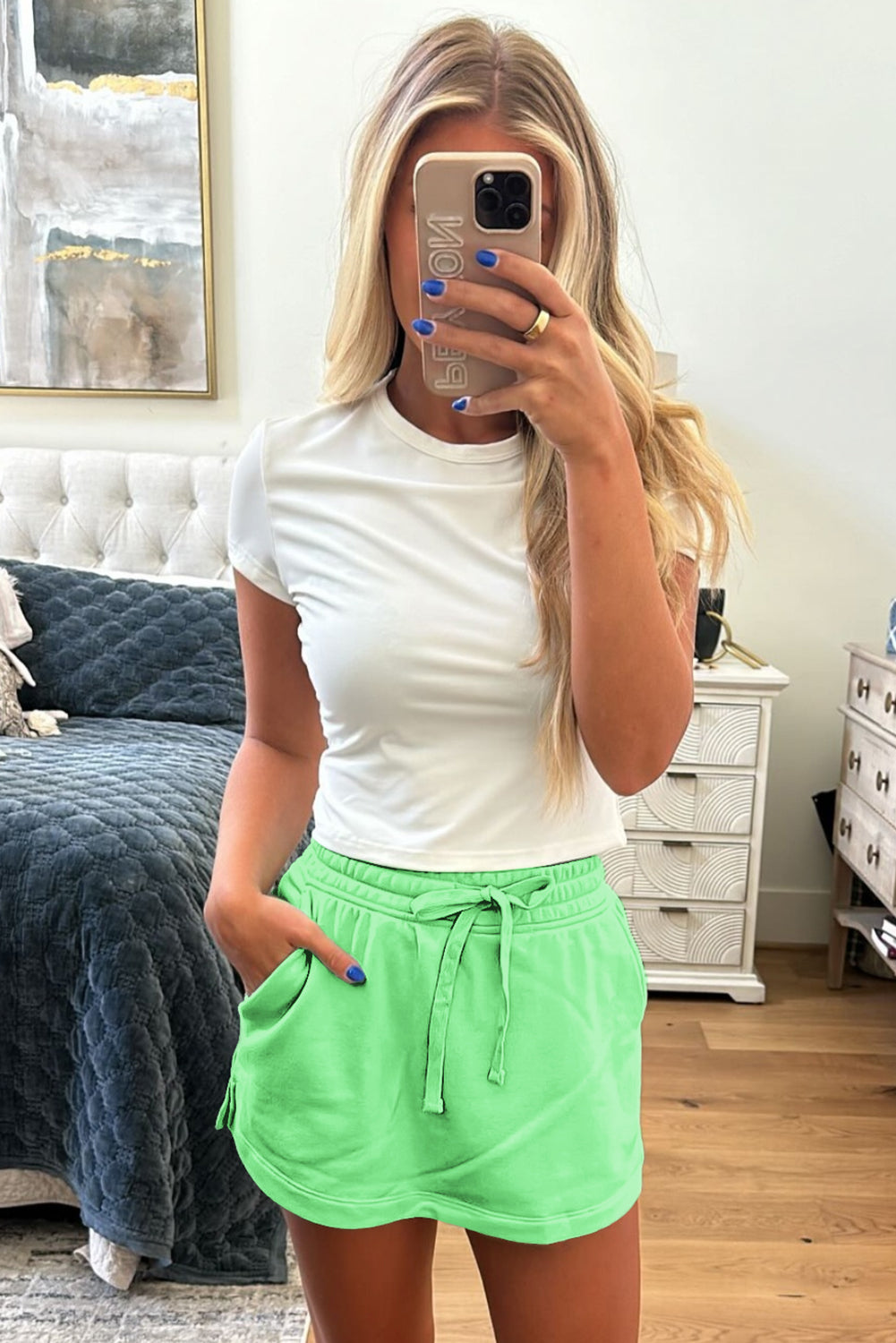 Light Green French Terry Drawstring Mini Skort with Pockets Shewin