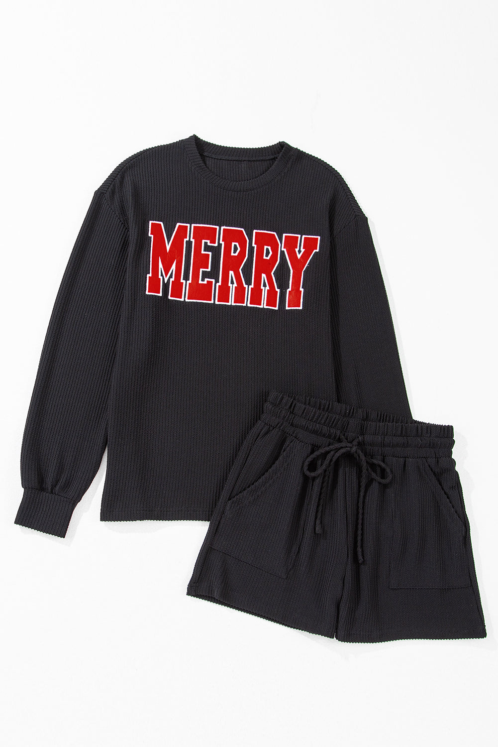 Black Corded MERRY Long Sleeve Top and Shorts Pajama Set Shewin