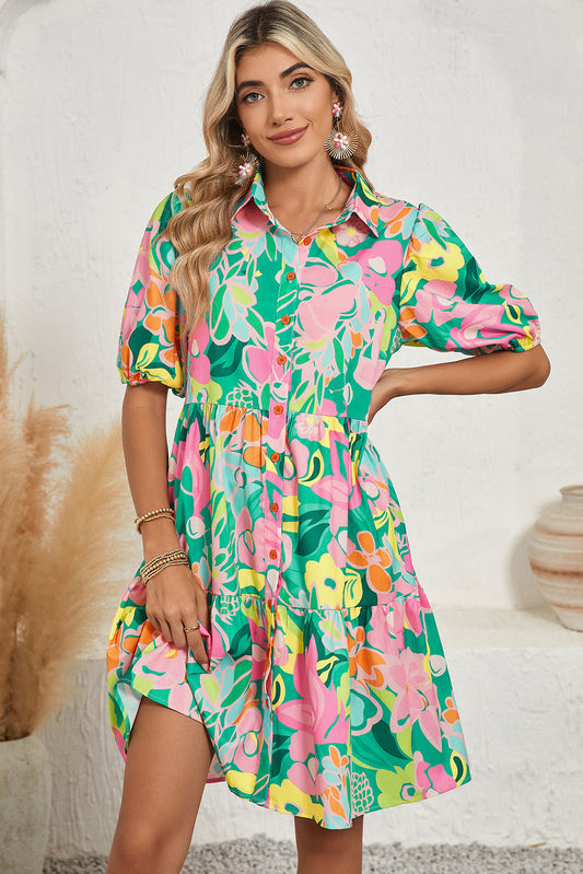 Green Floral Puff Sleeve Buttoned Babydoll Dress Shewin