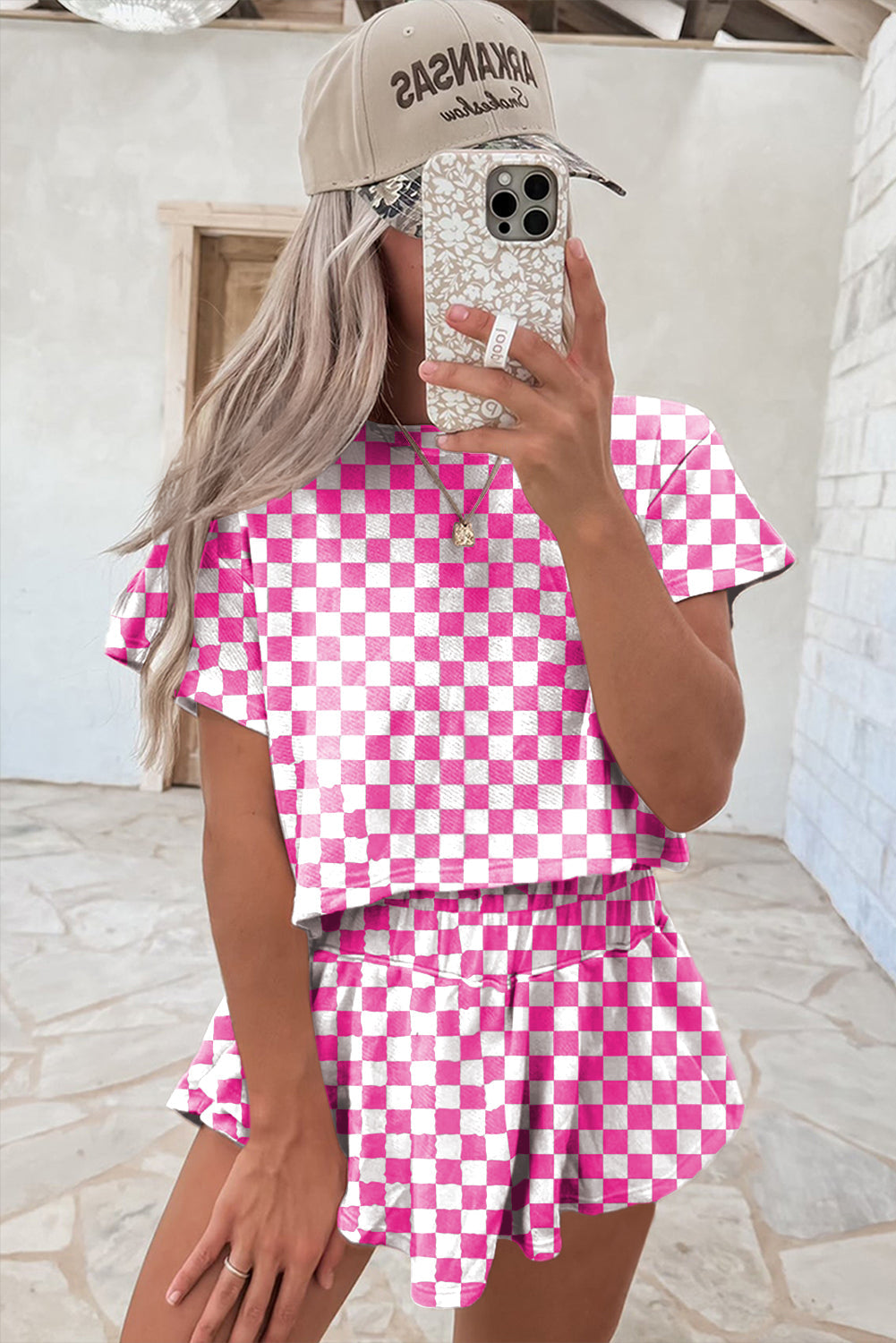 Pink Checkerboard T Shirt and High Waist Skorts Set Shewin