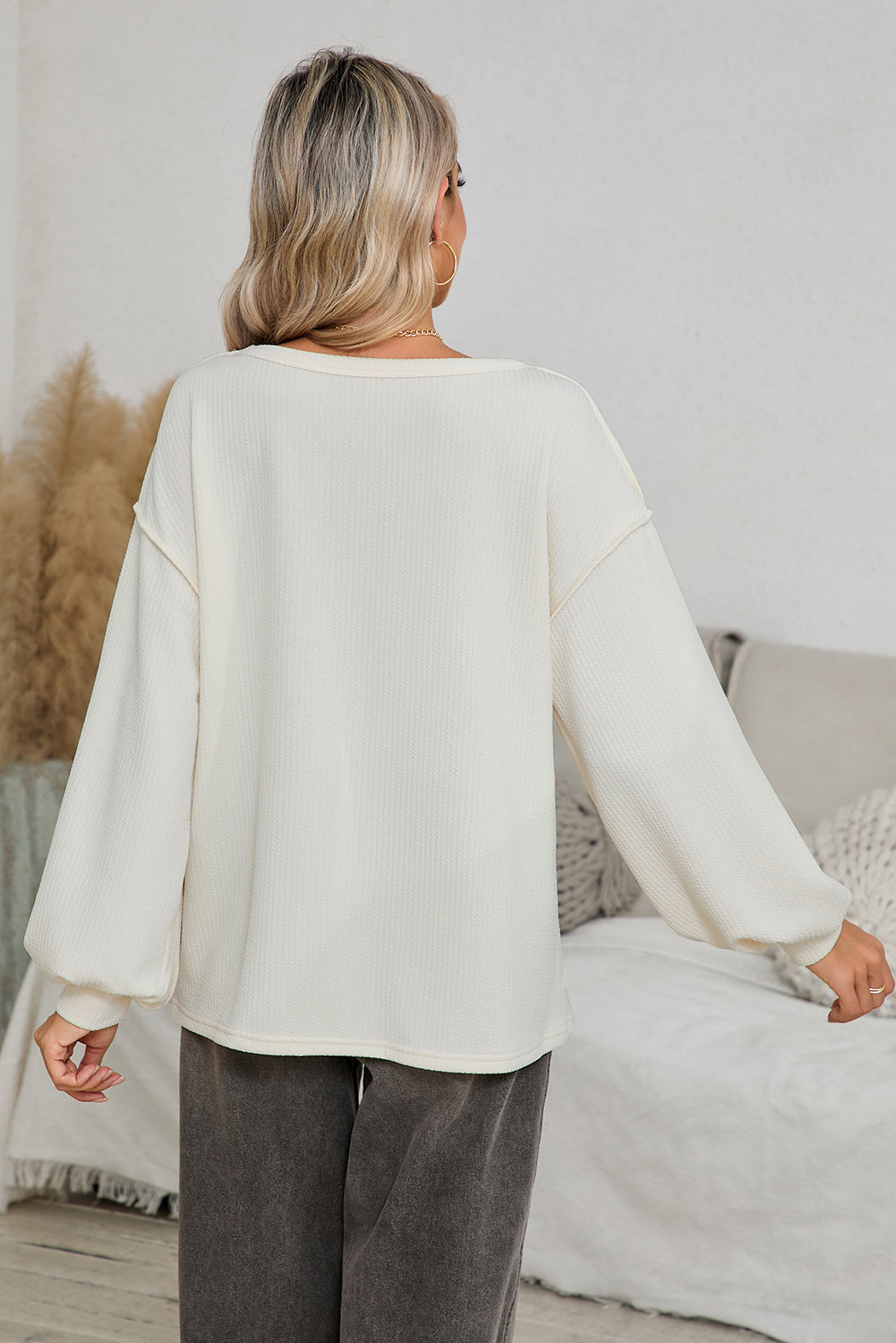 White Corded Exposed Seam Patchwork Drop Sleeve Top Shewin