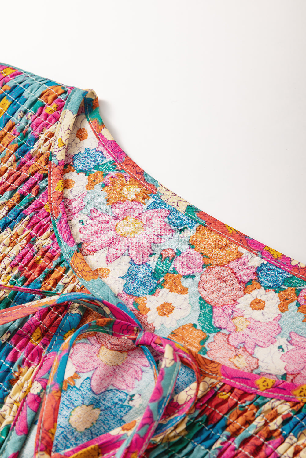 Sky Blue Floral Allover Print Shirred Plus Size Mini Dress Shewin