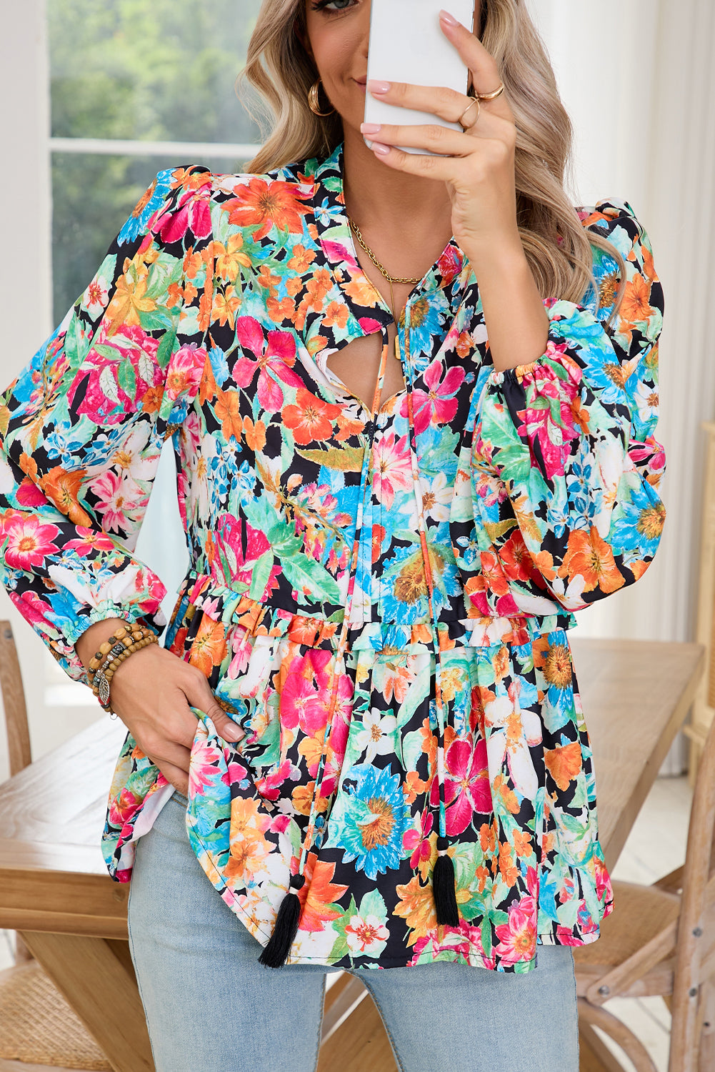 Multicolour Boho Floral V Neck Lantern Sleeve Blouse Shewin