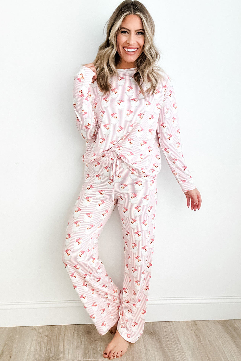Pink Santa Claus Striped Print Loose Fit Two Piece Loungewear Set Shewin