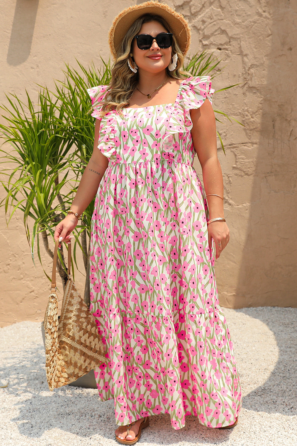 Pink Plus Size Ruffle High Waist Floral Maxi Dress Shewin