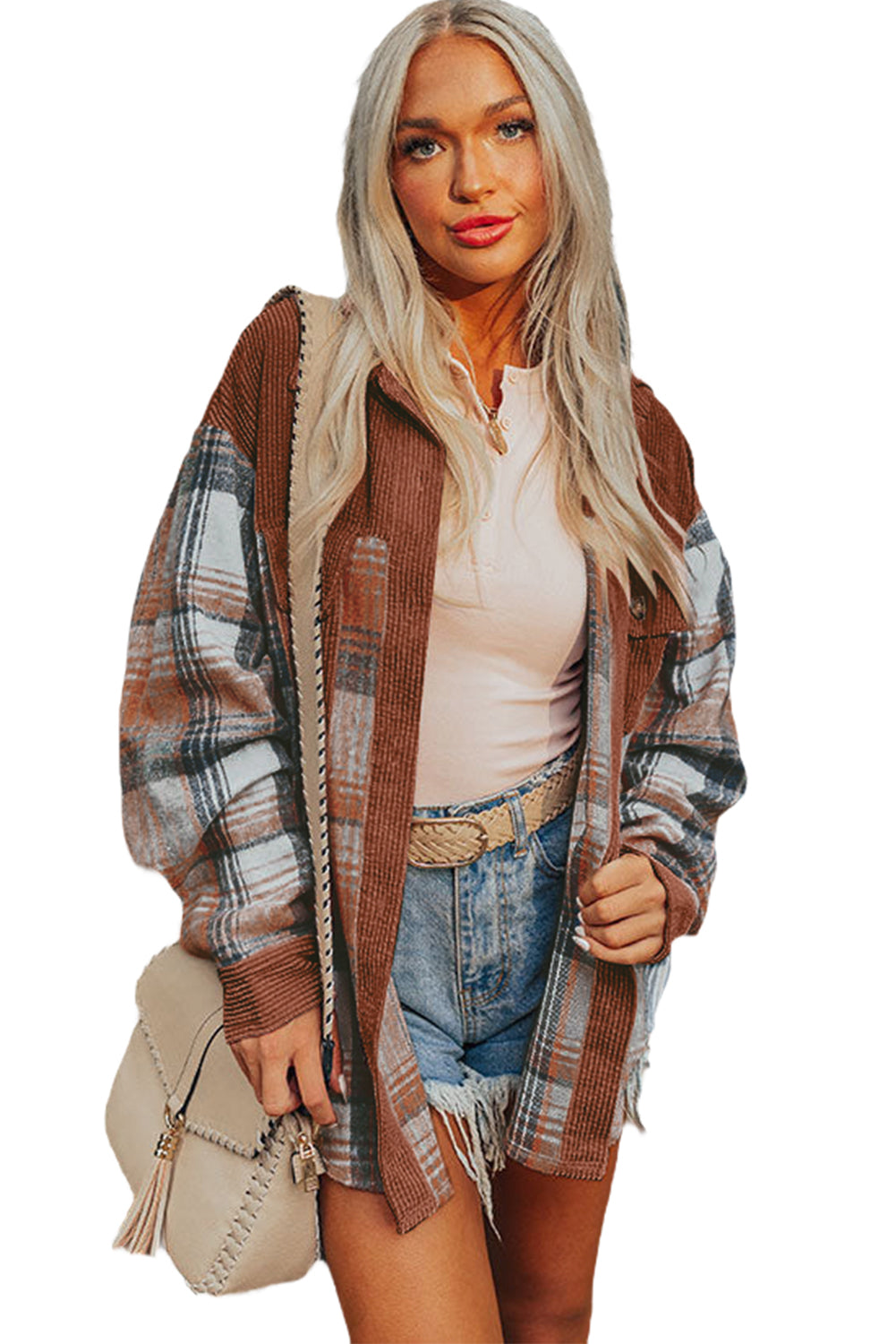 Cinnamon Plaid Corduroy Patchwork Pocket Loose Shacket Shewin