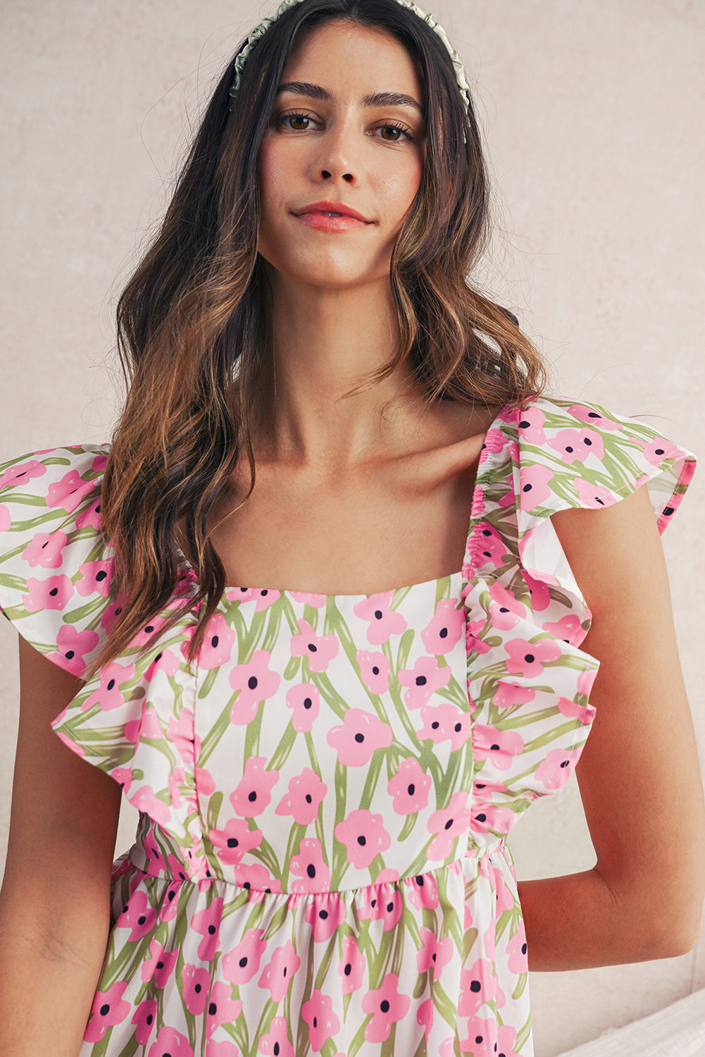 Pink Floral Print Square Neck Ruffled Strap Maxi Dress Shewin