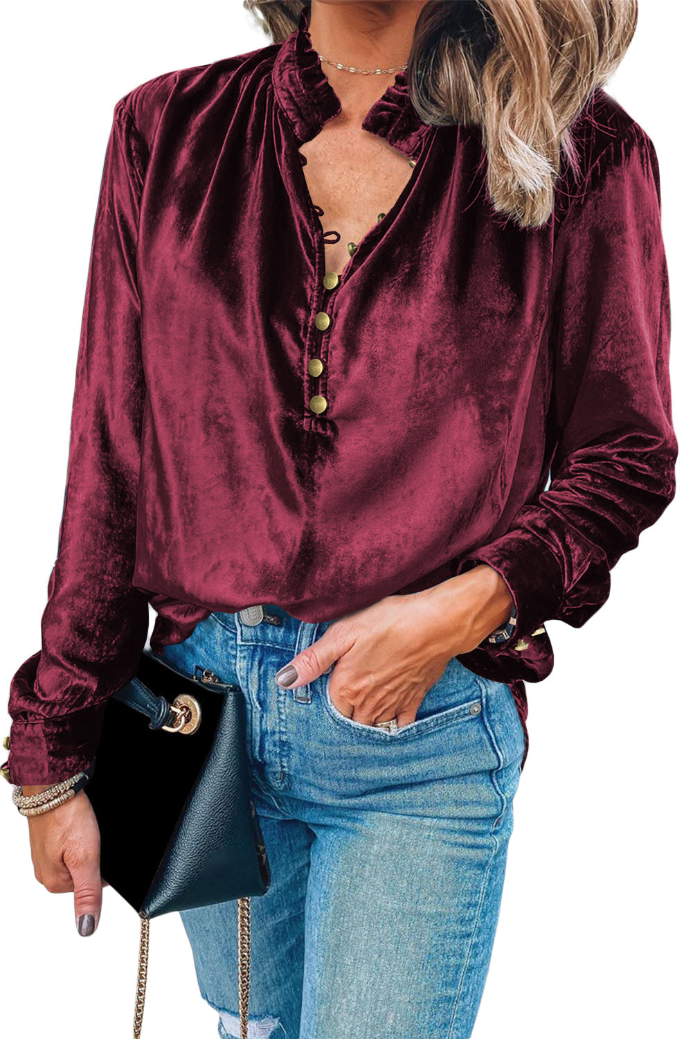 Red Frilled Buttoned V Neck Velvet Blouse Shewin