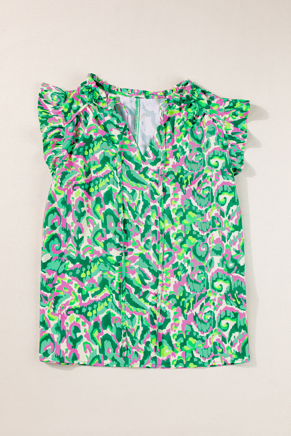 Green Abstract Print Frill Split Neck Ruffle Sleeveless Top Shewin