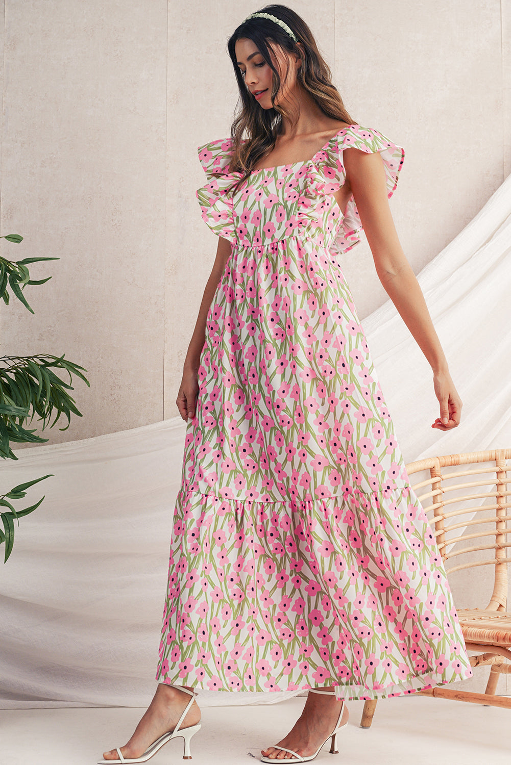 Pink Floral Print Square Neck Ruffled Strap Maxi Dress Shewin