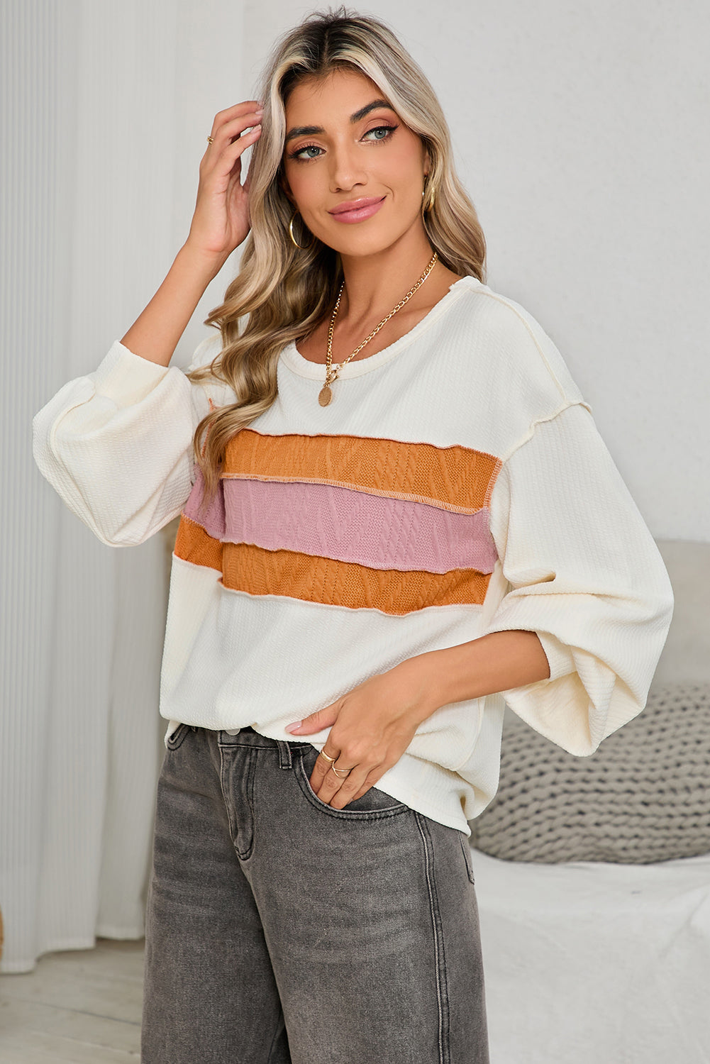 White Corded Exposed Seam Patchwork Drop Sleeve Top Shewin