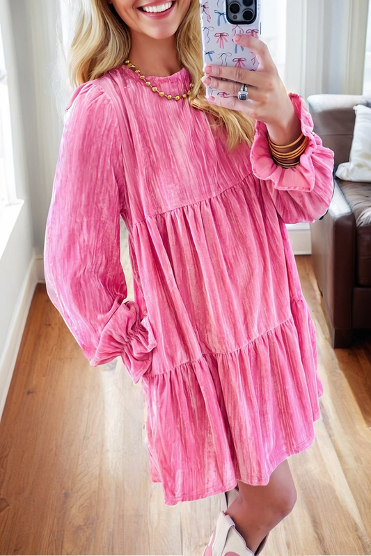 Strawberry Pink Flounce Sleeve Tiered Ruffled Velvet Mini Dress Shewin