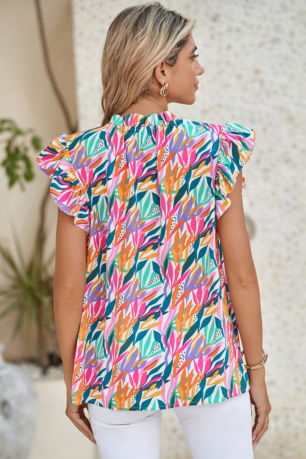 Rose Red Abstract Print Ruffled Flutter Shoulder Blouse Shewin