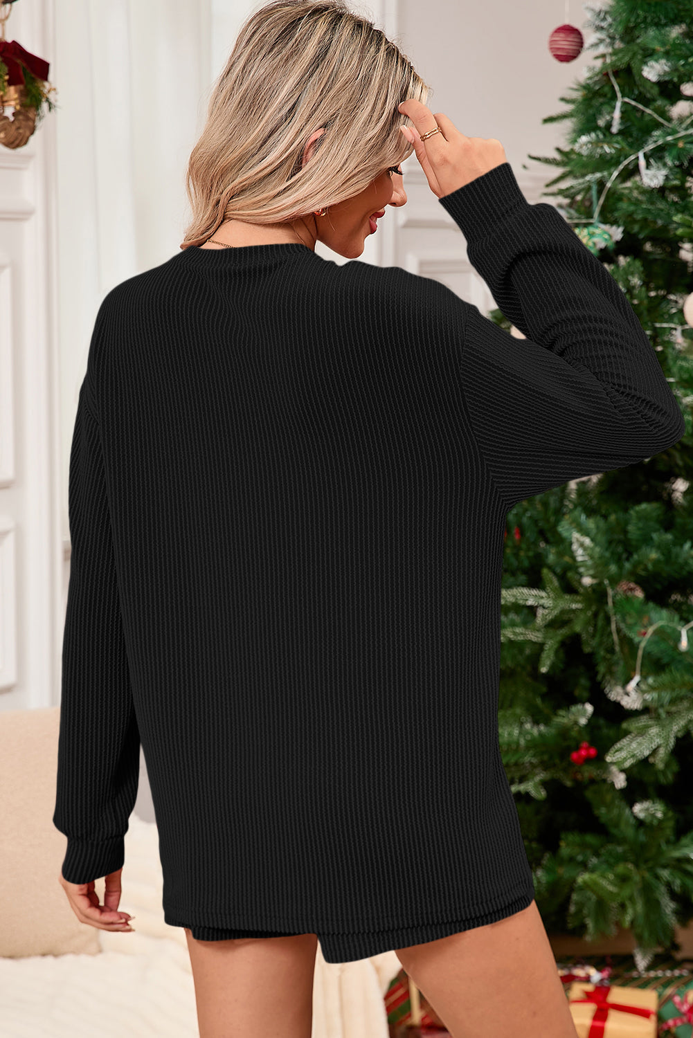 Black Corded MERRY Long Sleeve Top and Shorts Pajama Set Shewin