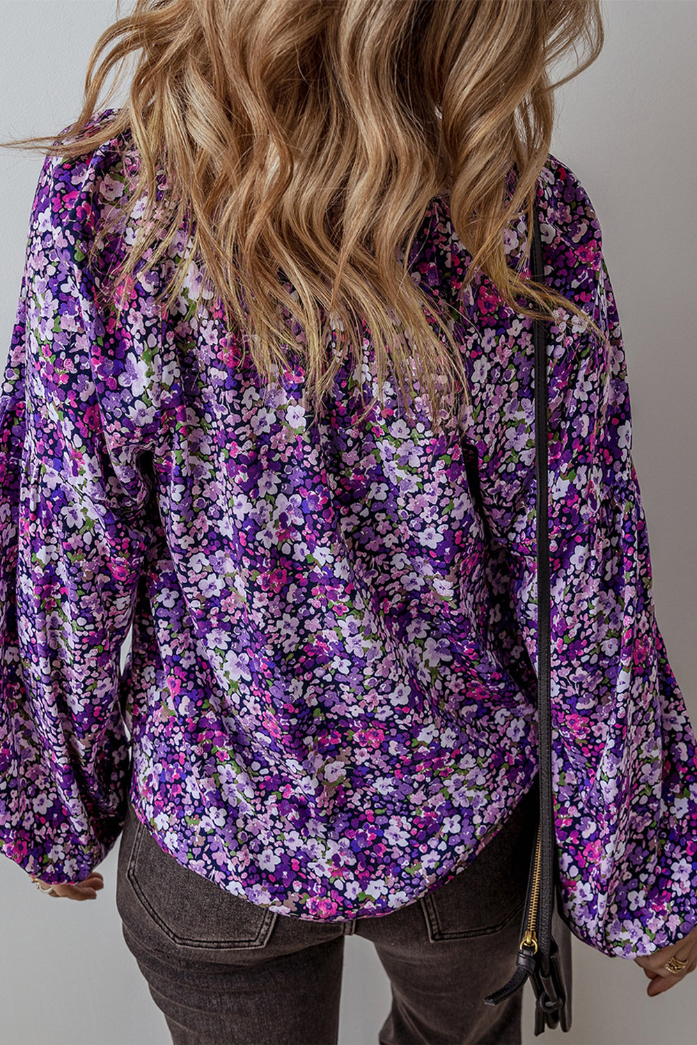 Purple Boho Ditsy Floral Split V Neck Bubble Sleeve Blouse Shewin
