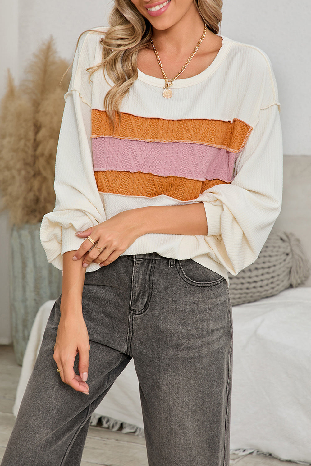 White Corded Exposed Seam Patchwork Drop Sleeve Top Shewin