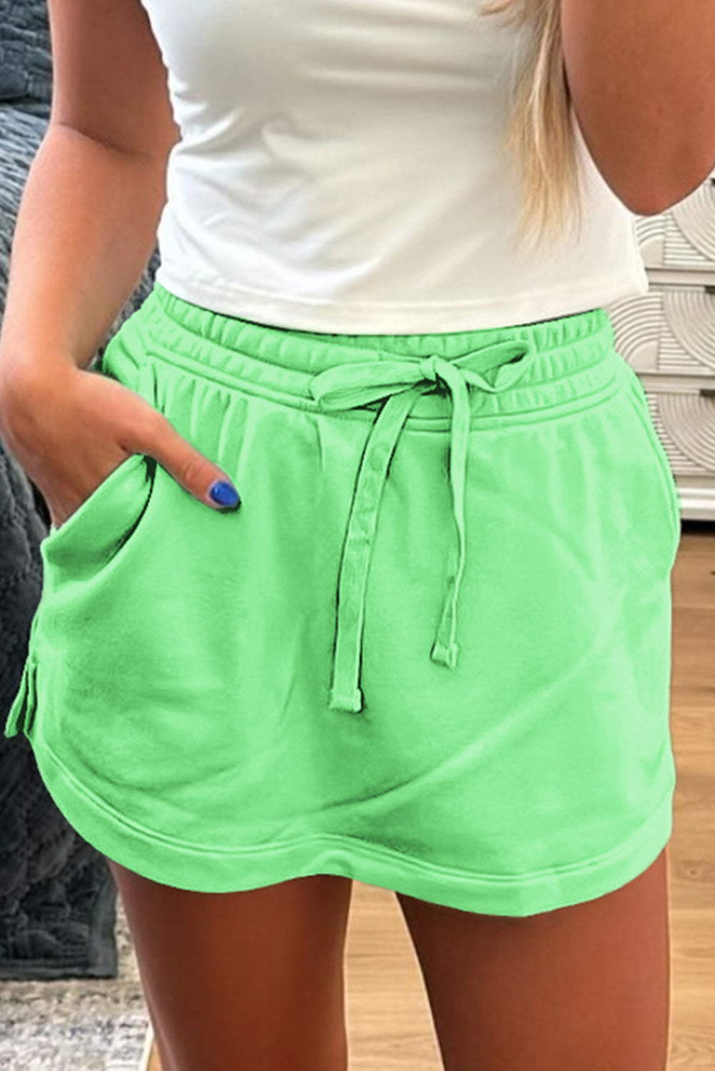 Light Green French Terry Drawstring Mini Skort with Pockets Shewin