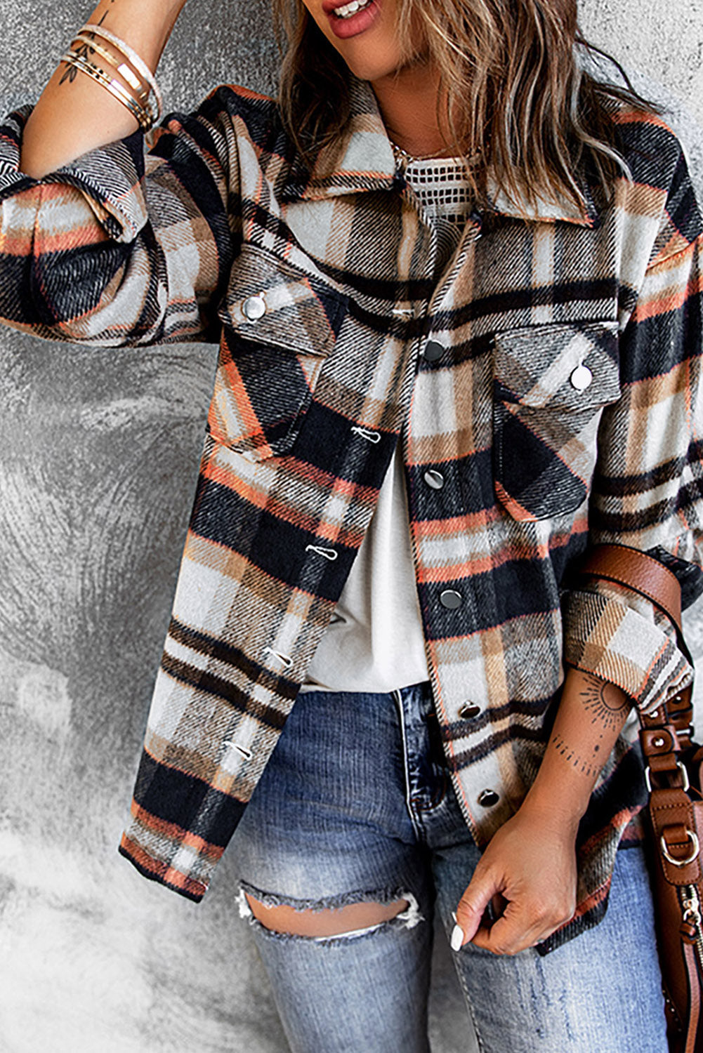 Multicolor Plaid Casual Button Up Flannel Shacket Shewin