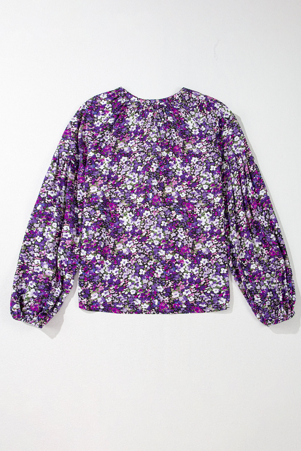 Purple Boho Ditsy Floral Split V Neck Bubble Sleeve Blouse Shewin