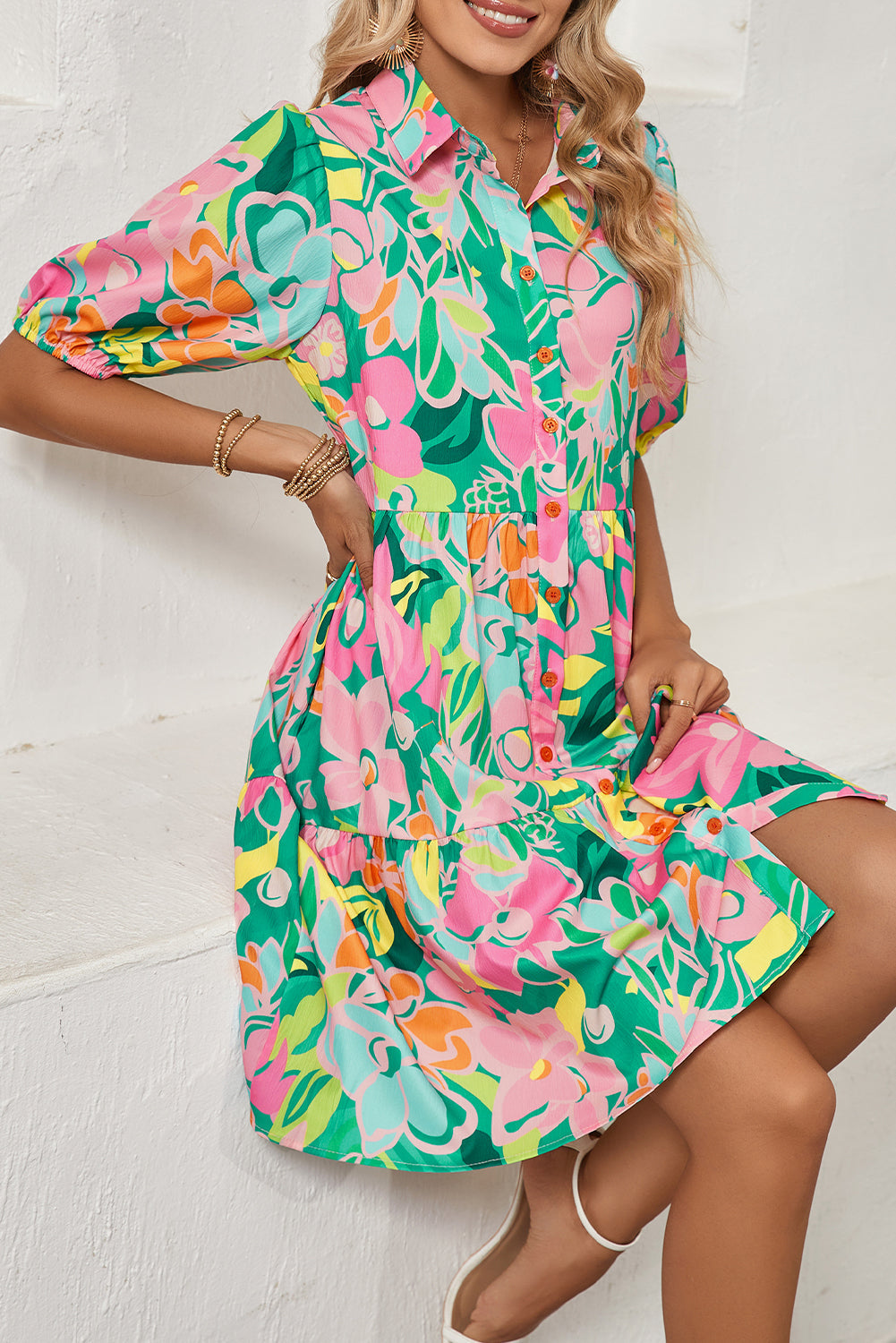 Green Floral Puff Sleeve Buttoned Babydoll Dress Shewin