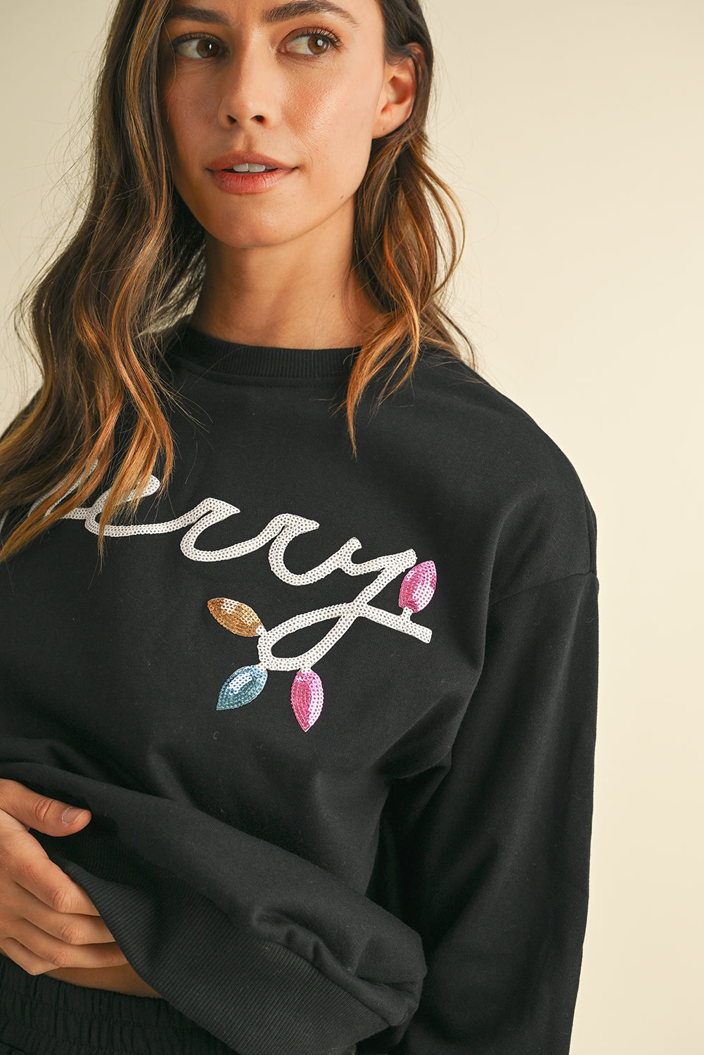 Black Sequin Merry Graphic Pullover and Shorts Set Shewin