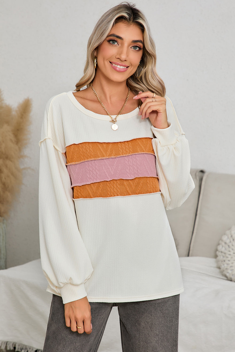 White Corded Exposed Seam Patchwork Drop Sleeve Top Shewin