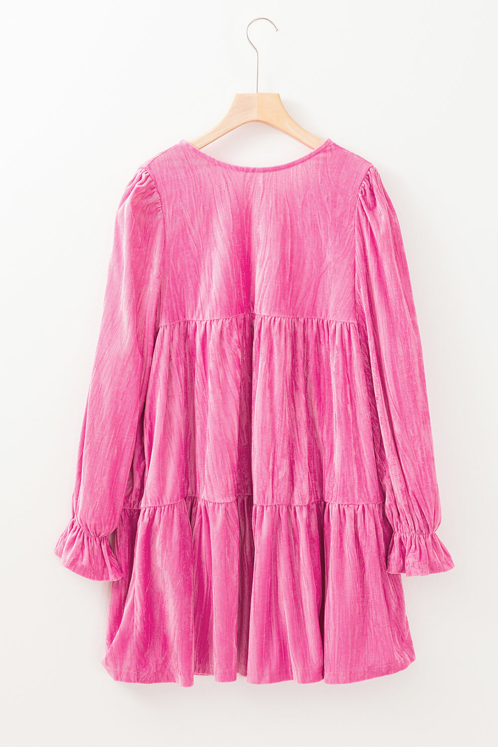 Strawberry Pink Flounce Sleeve Tiered Ruffled Velvet Mini Dress Shewin
