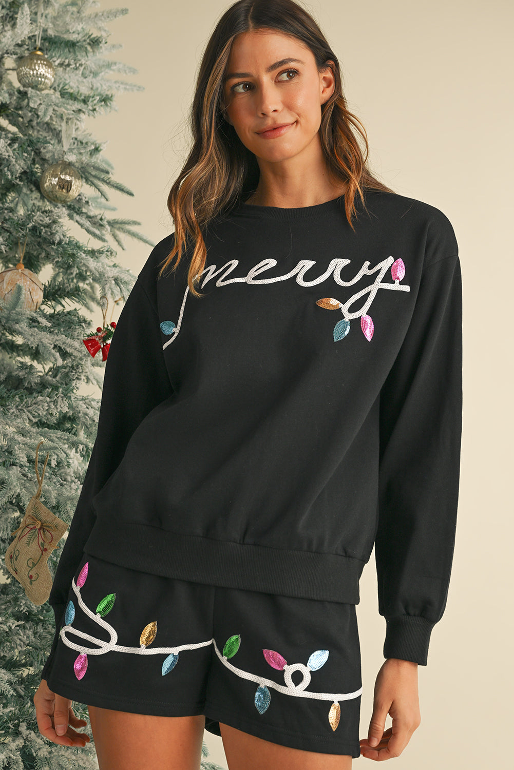 Black Sequin Merry Graphic Pullover and Shorts Set Shewin