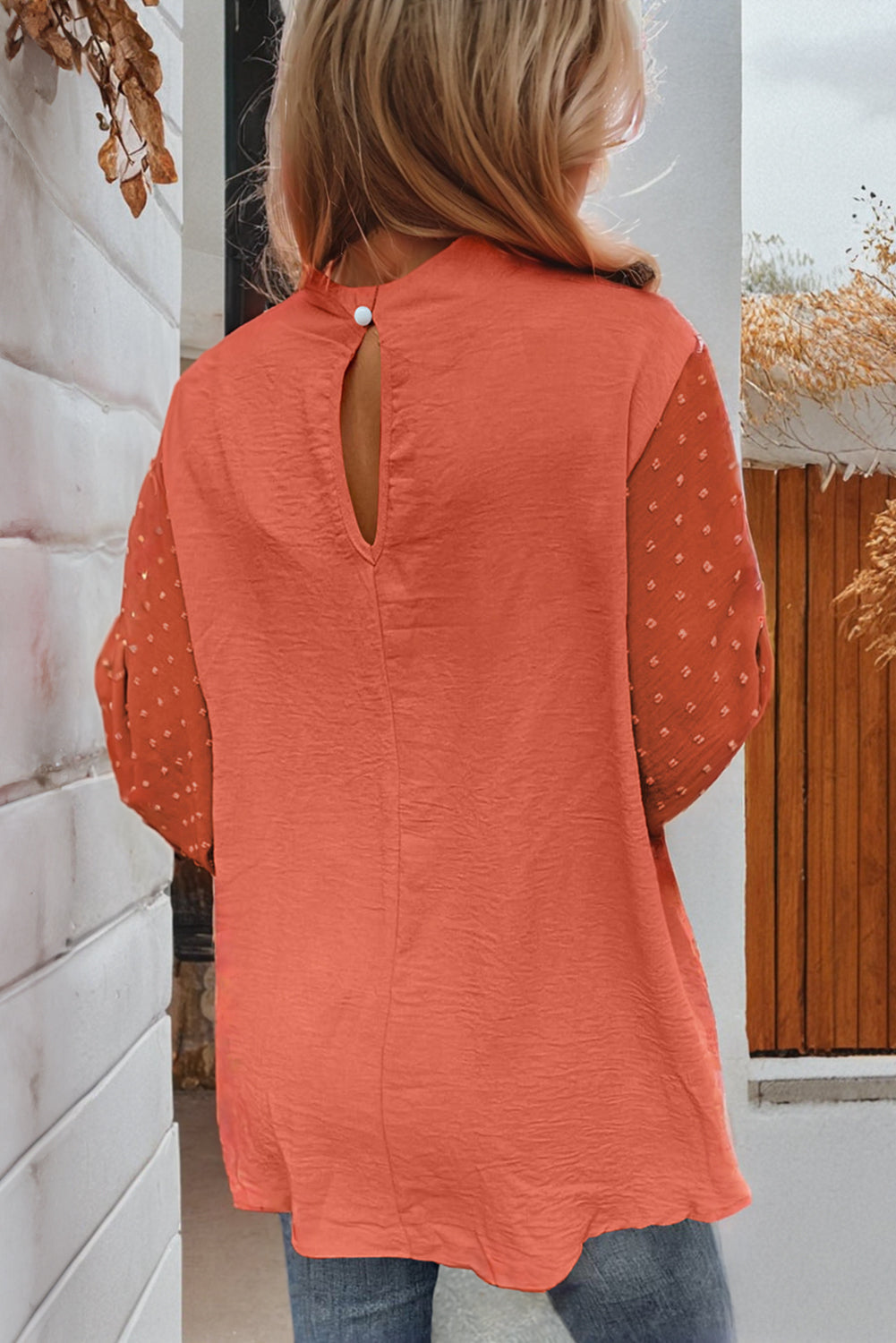 Russet Orange Swiss Dot Balloon Sleeve Patchwork Crinkle Blouse Shewin