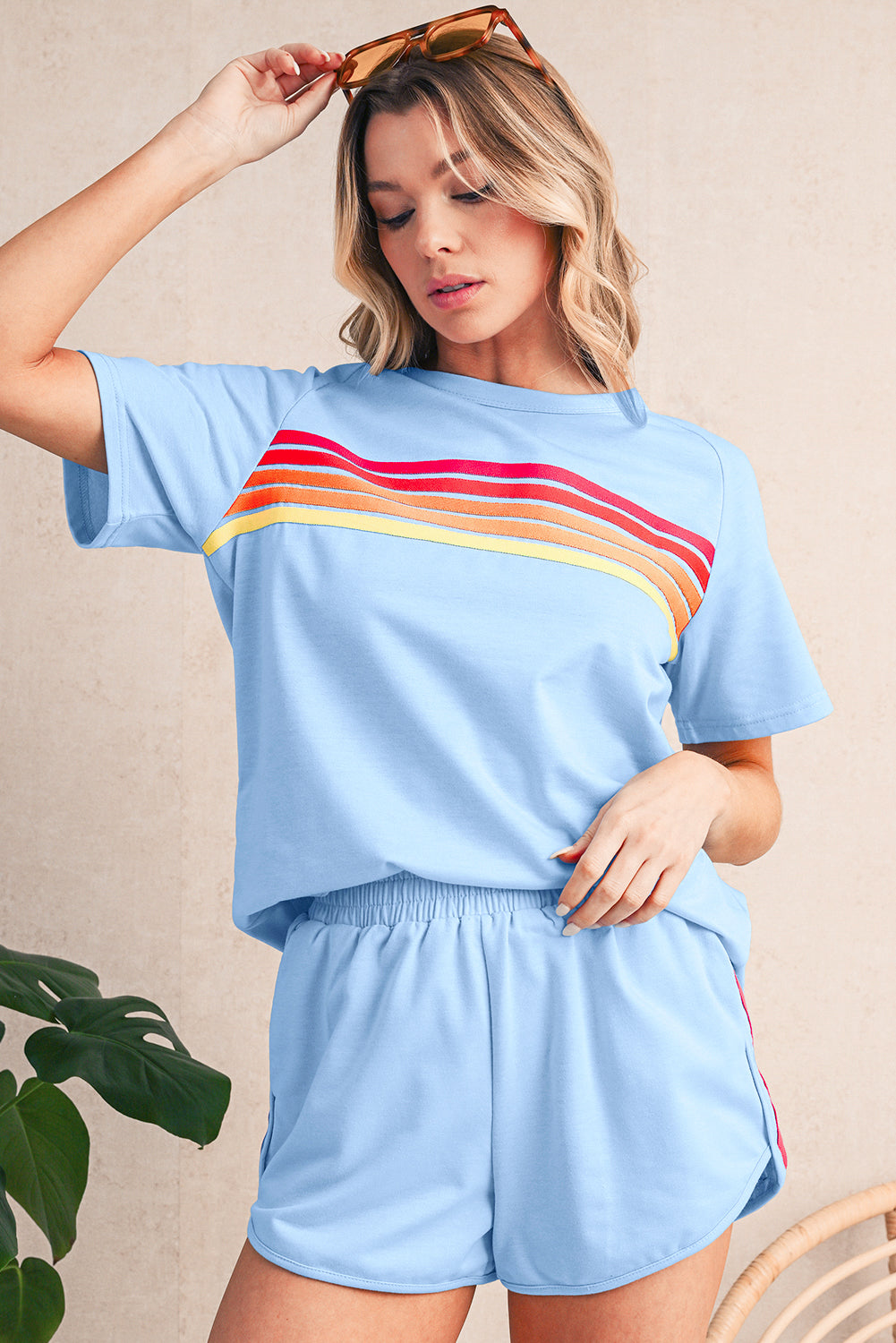 Beau Blue Colorful Striped Casual Tee Shewin