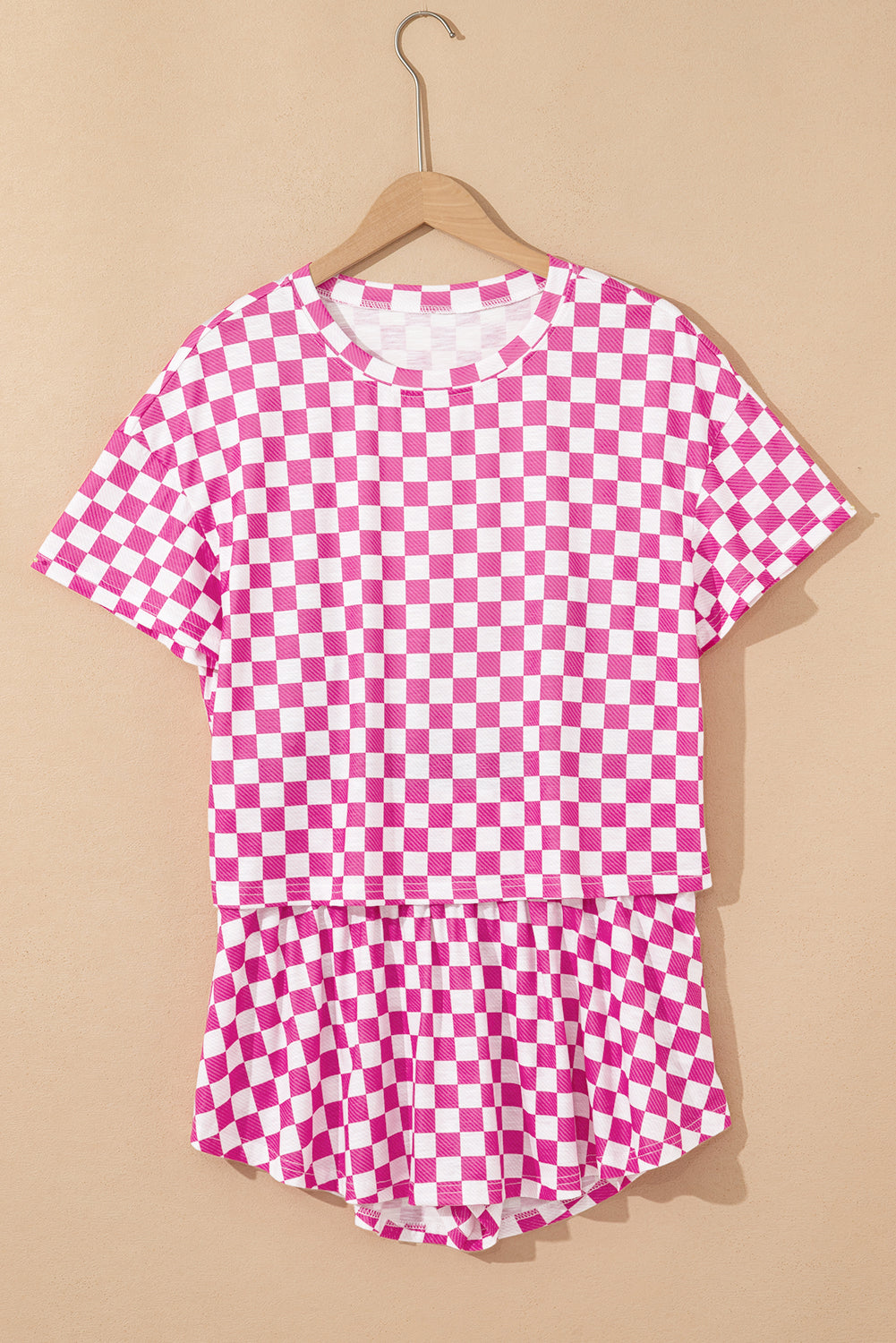Pink Checkerboard T Shirt and High Waist Skorts Set Shewin