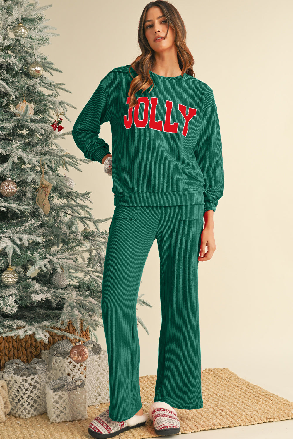 Evergreen Crinkle Rib JOLLY Pattern Long Sleeve Top and Pockets Pants Set Shewin