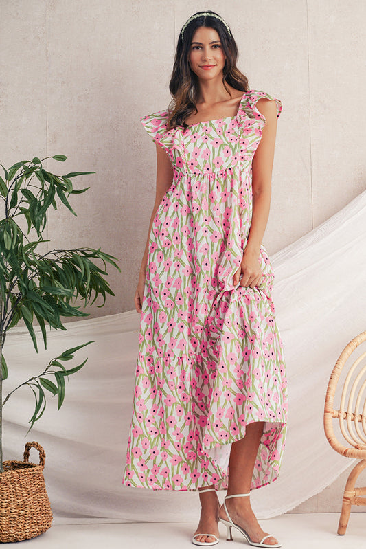 Pink Floral Print Square Neck Ruffled Strap Maxi Dress Shewin