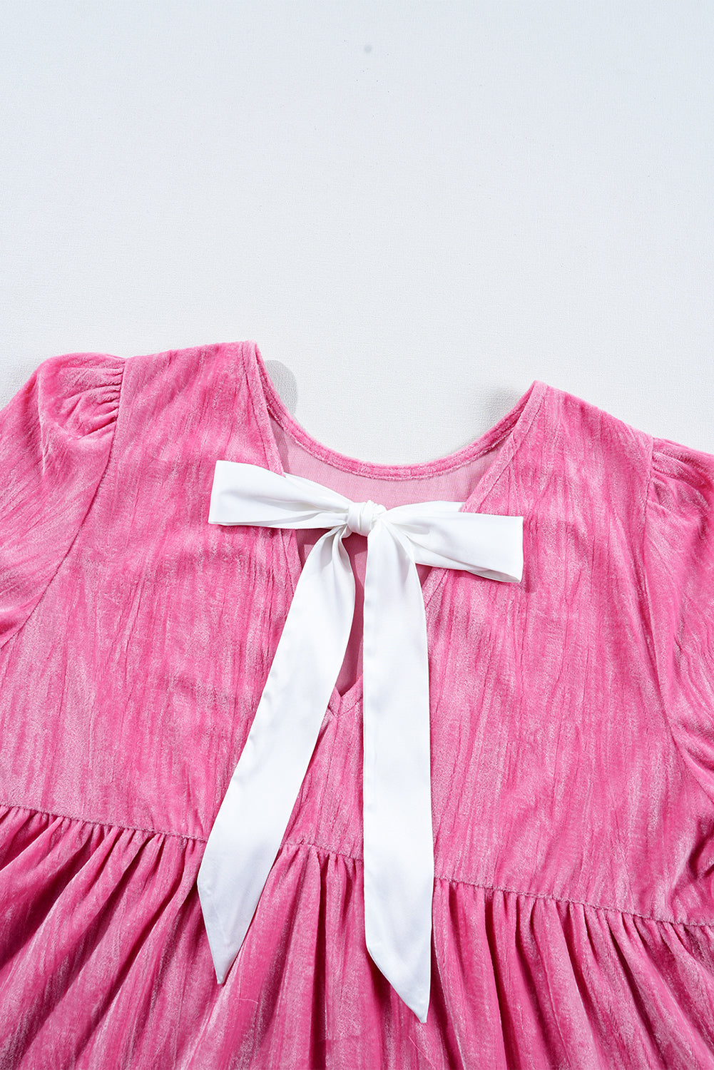 Strawberry Pink Flounce Sleeve Tiered Ruffled Velvet Mini Dress Shewin