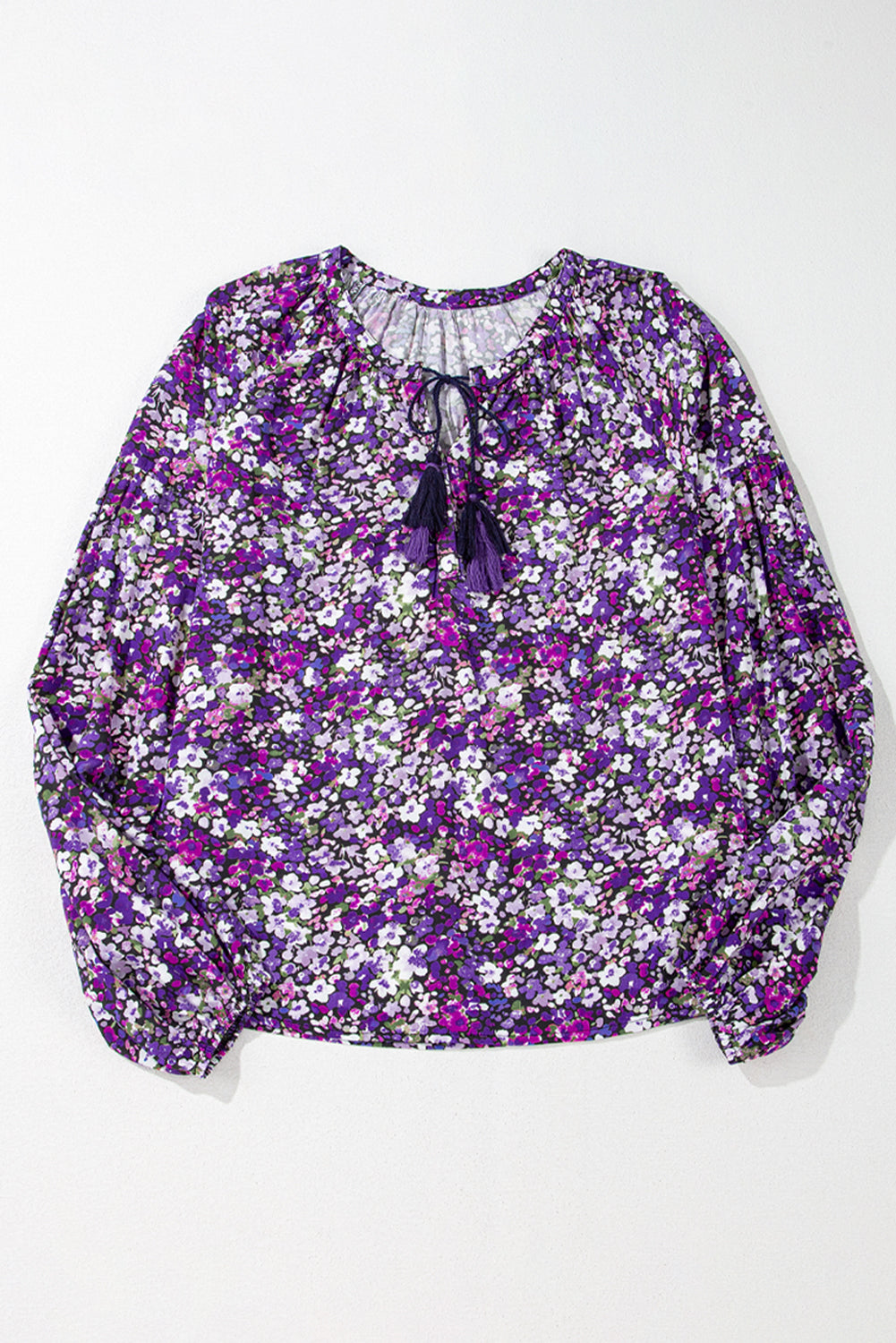 Purple Boho Ditsy Floral Split V Neck Bubble Sleeve Blouse Shewin
