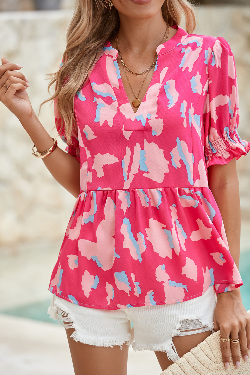 Rose Abstract Print Smocked Puff Sleeve V Neck Peplum Blouse Shewin