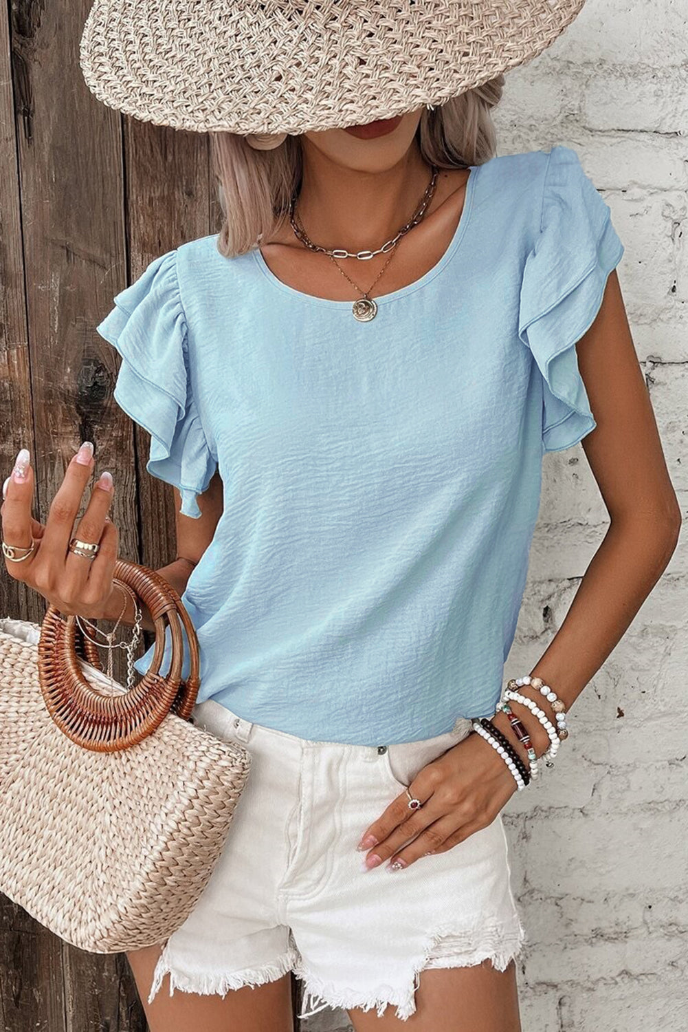 Mist Blue Solid Color Ruffle Sleeve Crinkled Blouse Shewin