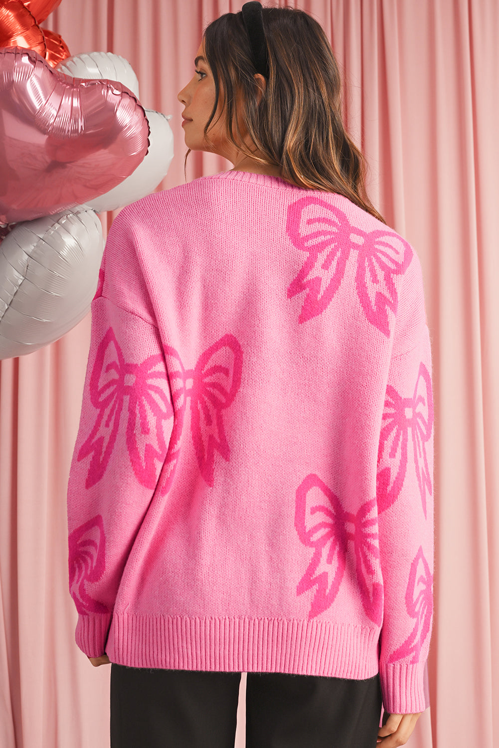 Pink Bow Pattern Drop Sleeve Loose Sweater Shewin