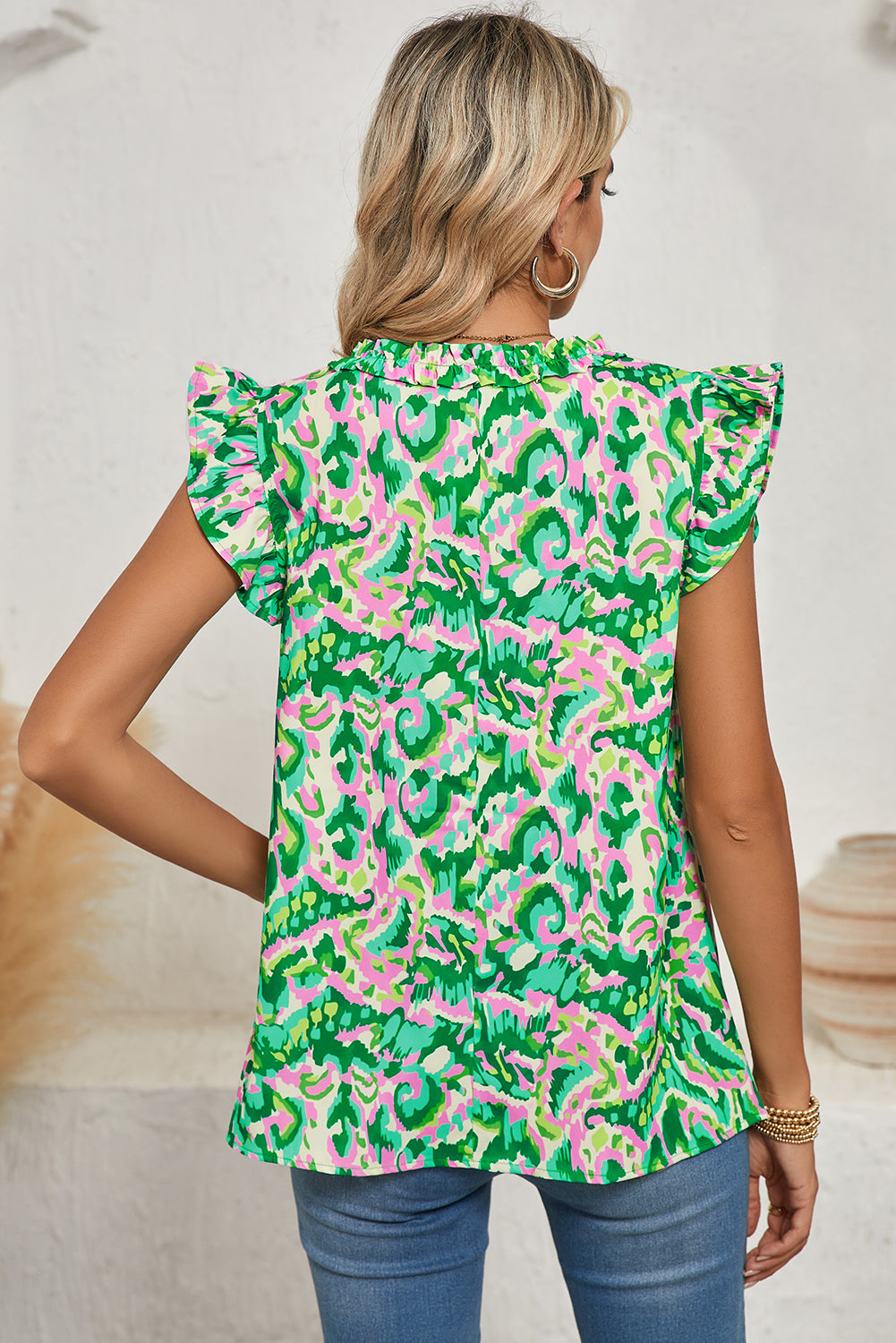 Green Abstract Print Frill Split Neck Ruffle Sleeveless Top Shewin