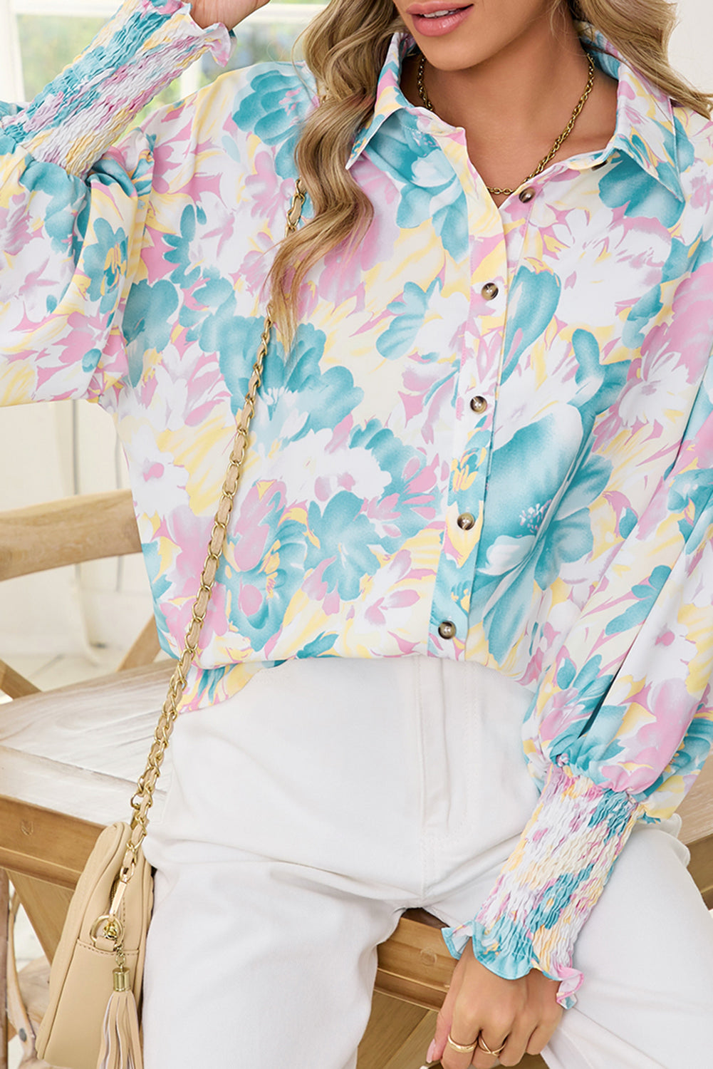 Yellow Floral Allover Print Shirred Cuff Oversized Shirt Shewin