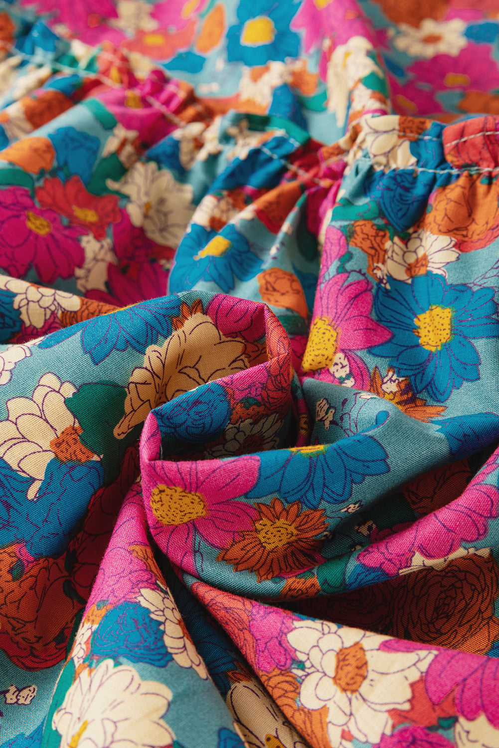 Sky Blue Floral Allover Print Shirred Plus Size Mini Dress Shewin