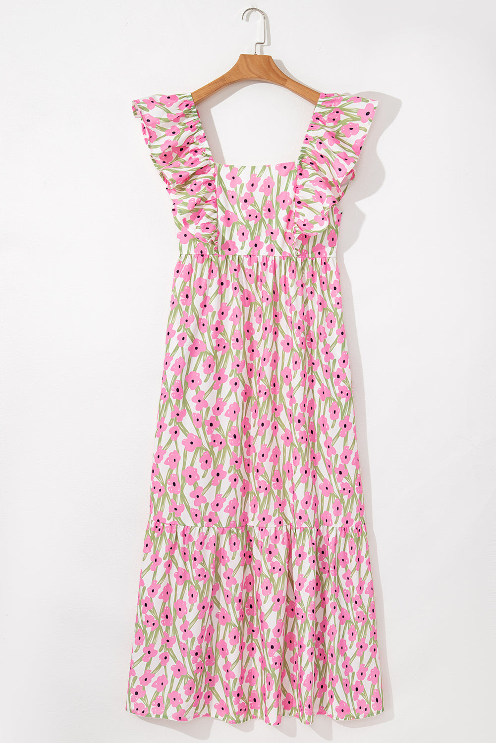 Pink Floral Print Square Neck Ruffled Strap Maxi Dress Shewin