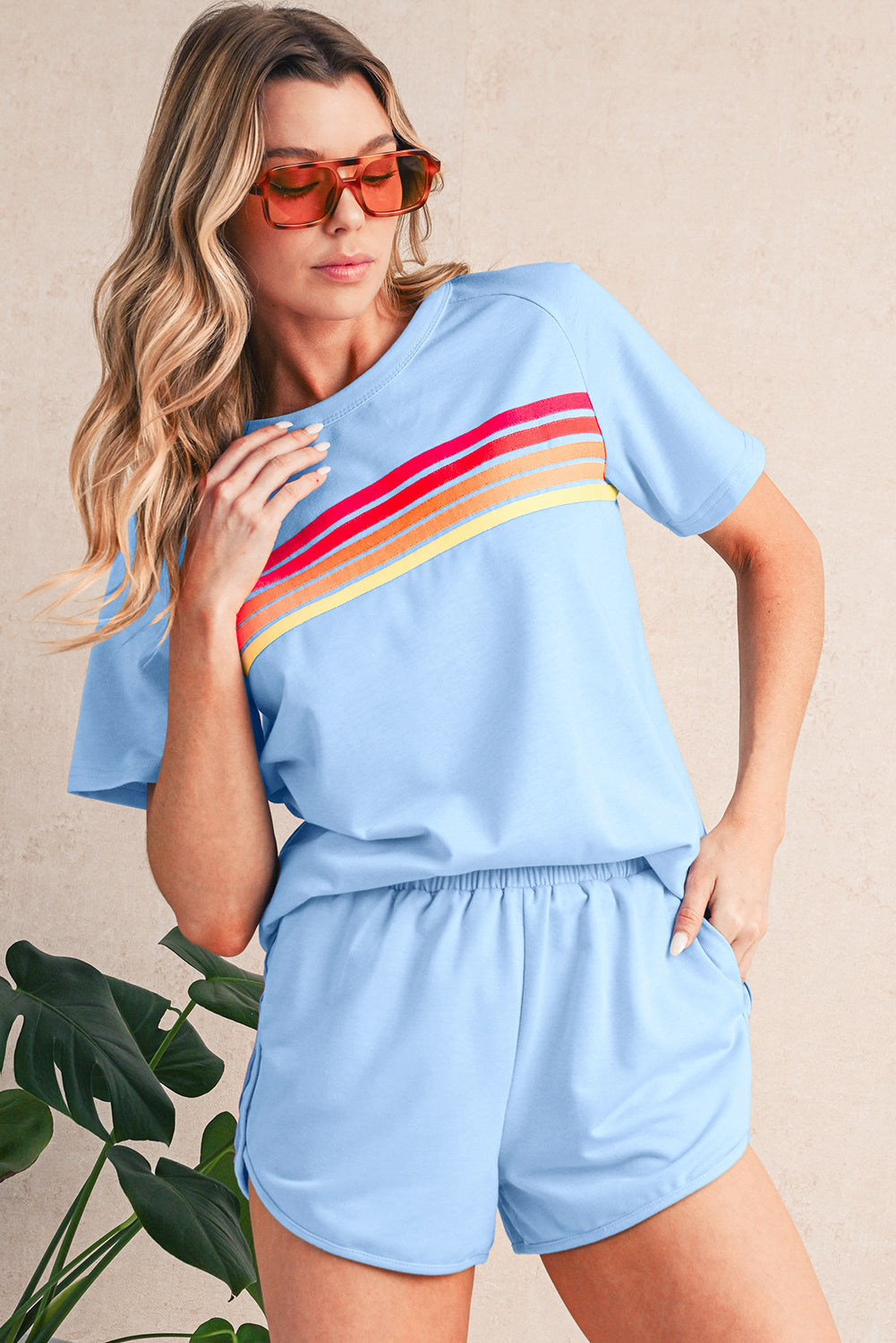 Beau Blue Colorful Striped Casual Tee Shewin