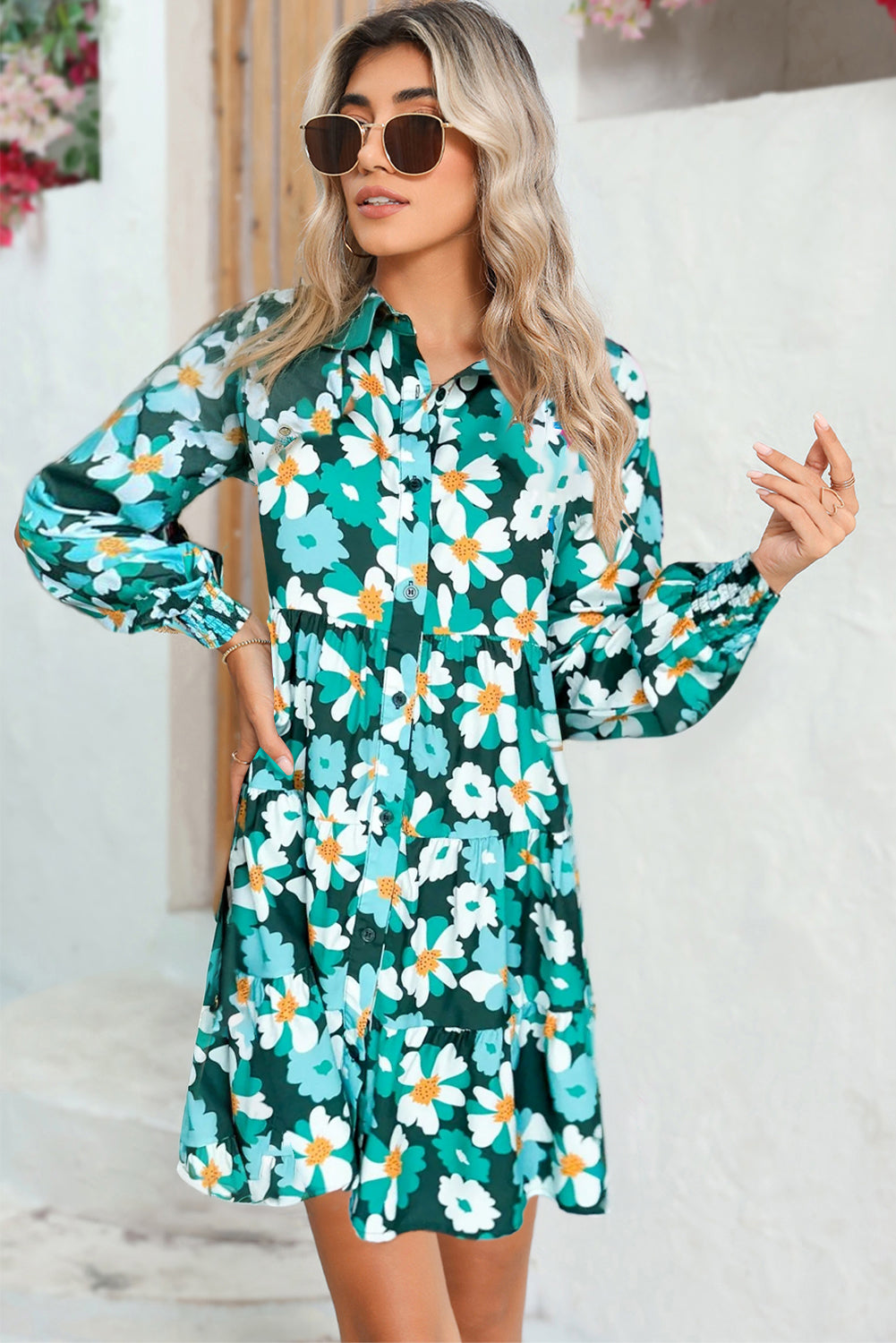 Blackish Green Flower Print Smocked Cuffs Tiered Mini Dress Shewin