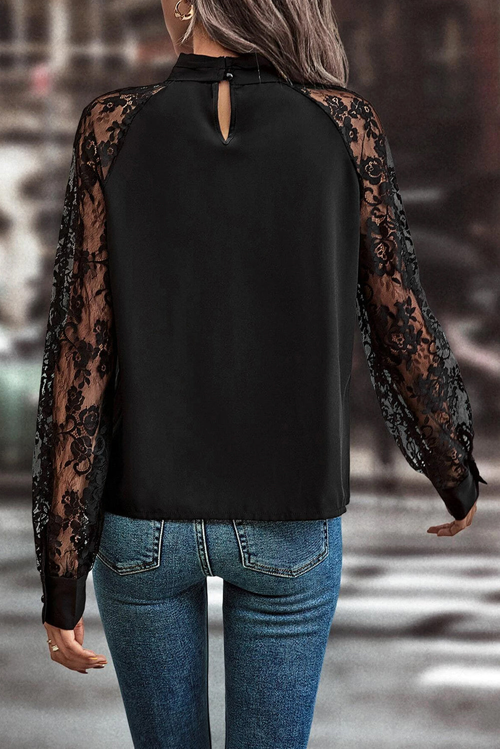 Black Keyhole Neckline Lace Splicing Raglan Sleeve Blouse Shewin
