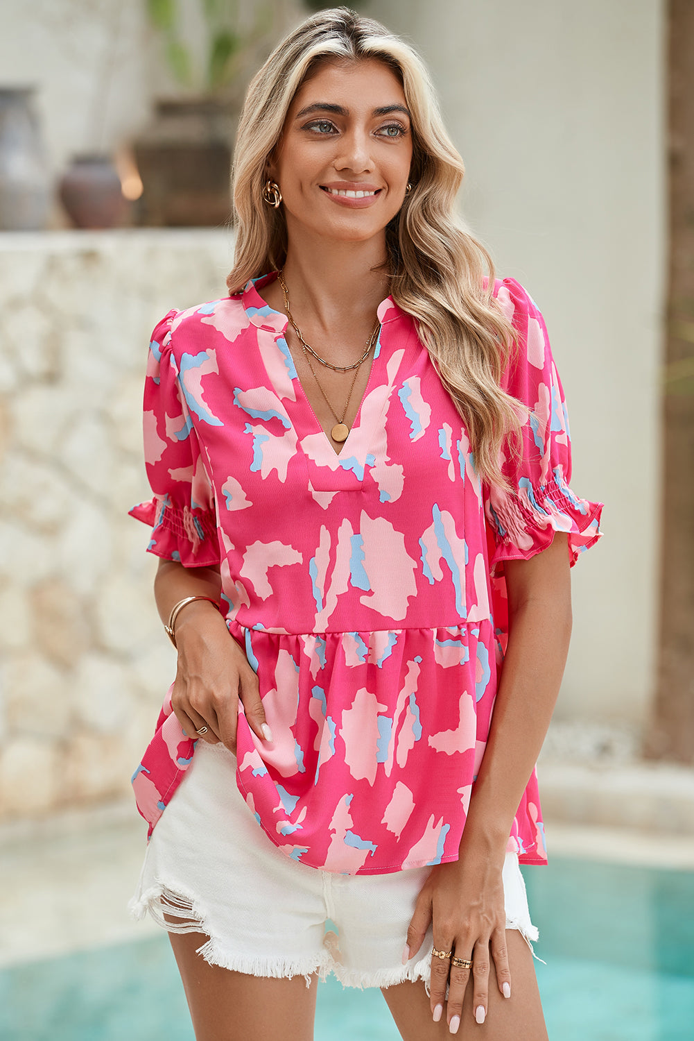 Rose Abstract Print Smocked Puff Sleeve V Neck Peplum Blouse Shewin