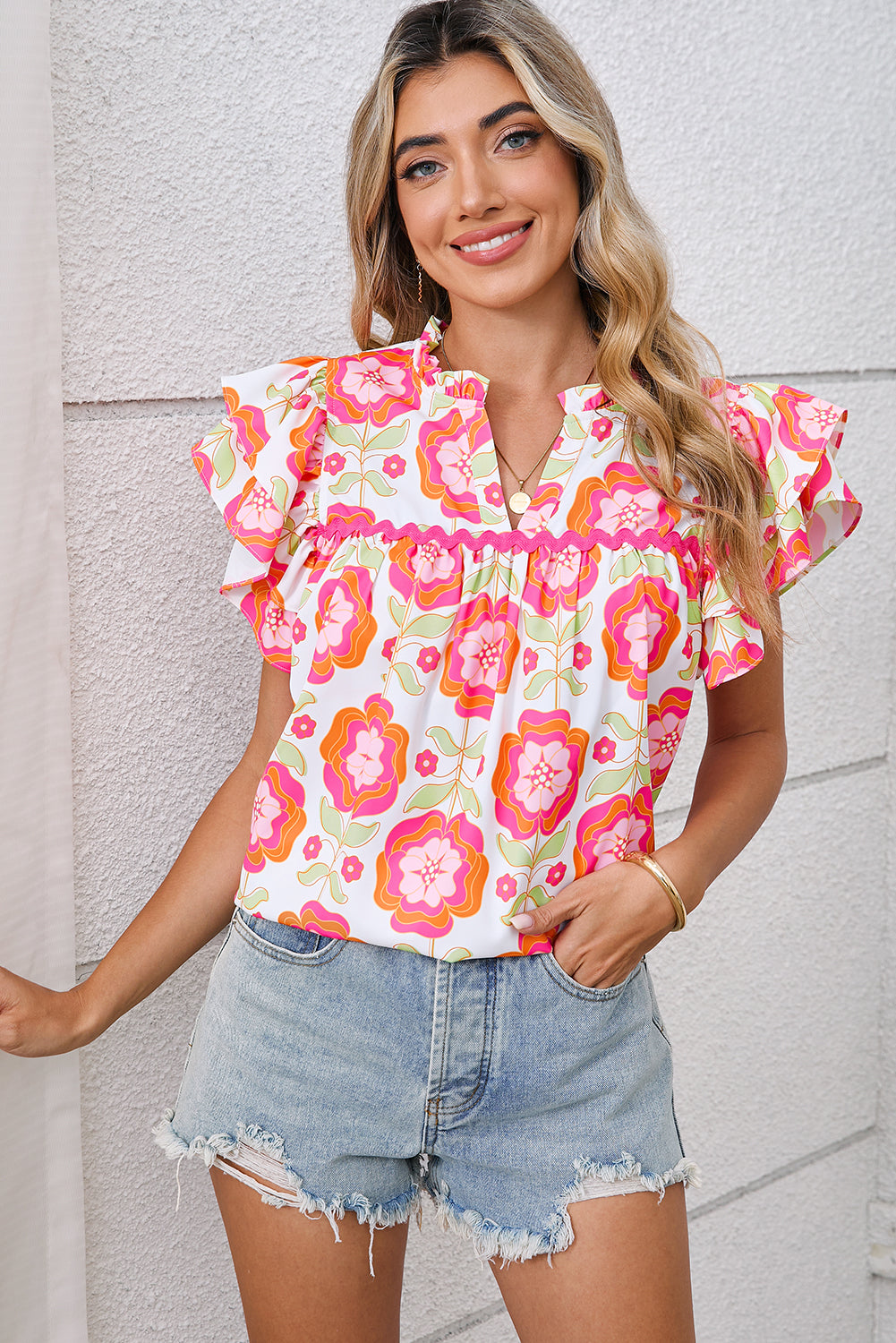 Rose Boho Floral Print Ricrac Ruffle Sleeve Blouse Shewin