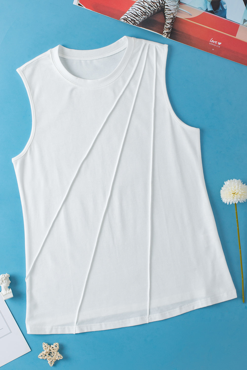 White Solid Color Crew Neck Pleated Tank Top Shewin